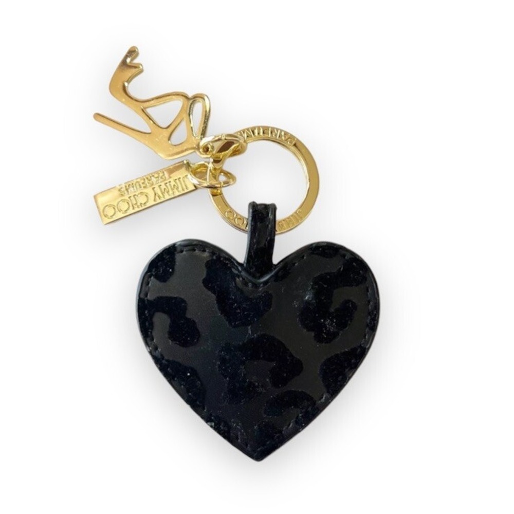 Jimmy Choo Parfums Black Velvet Heart Leopard Gold Tone Key Chain Bag Charm EUC
